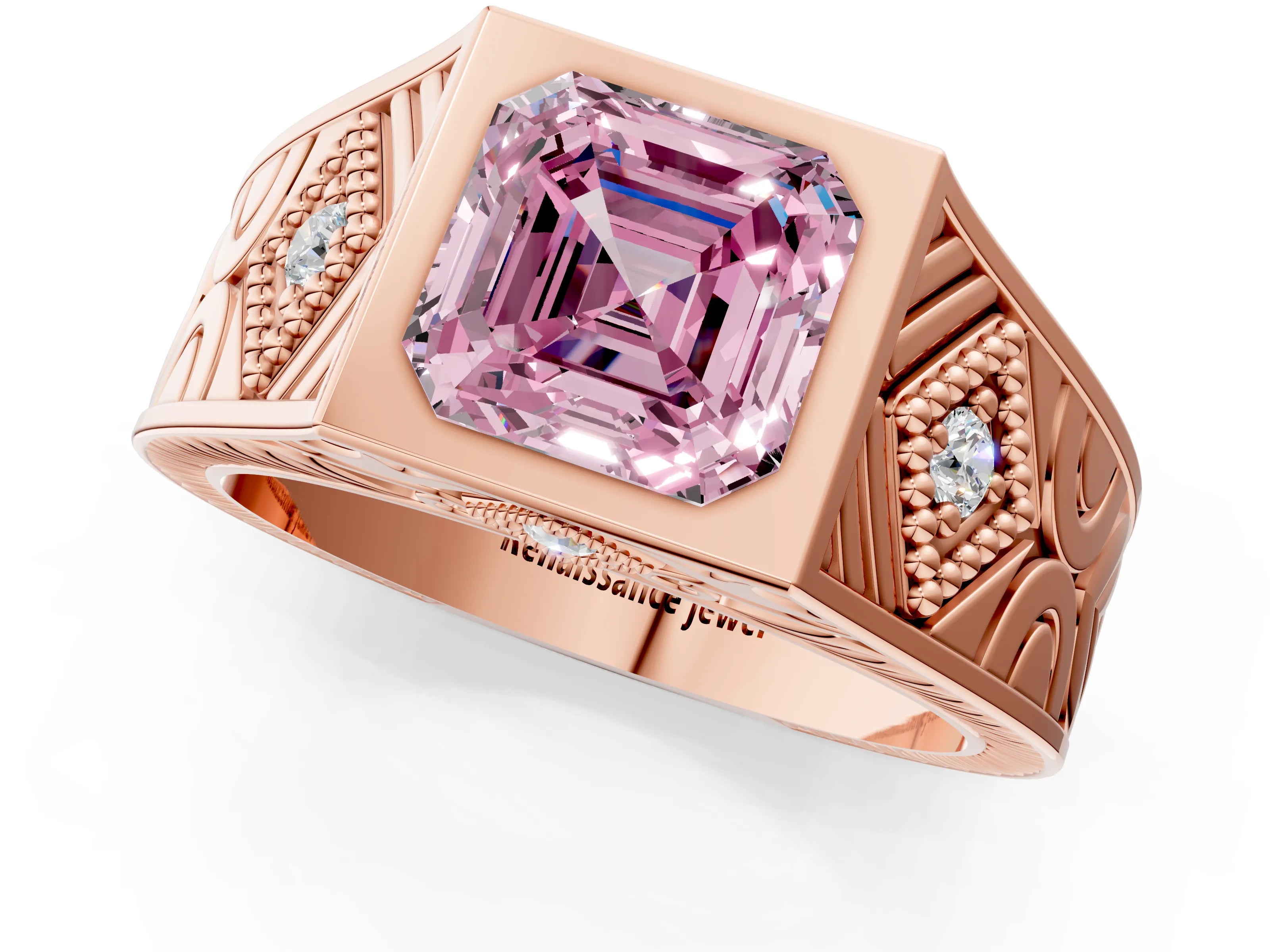 Rose gold Hexagonal Bezel Fancy Pink Asscher Cut Diamond Engraved Band Prong Ring_1