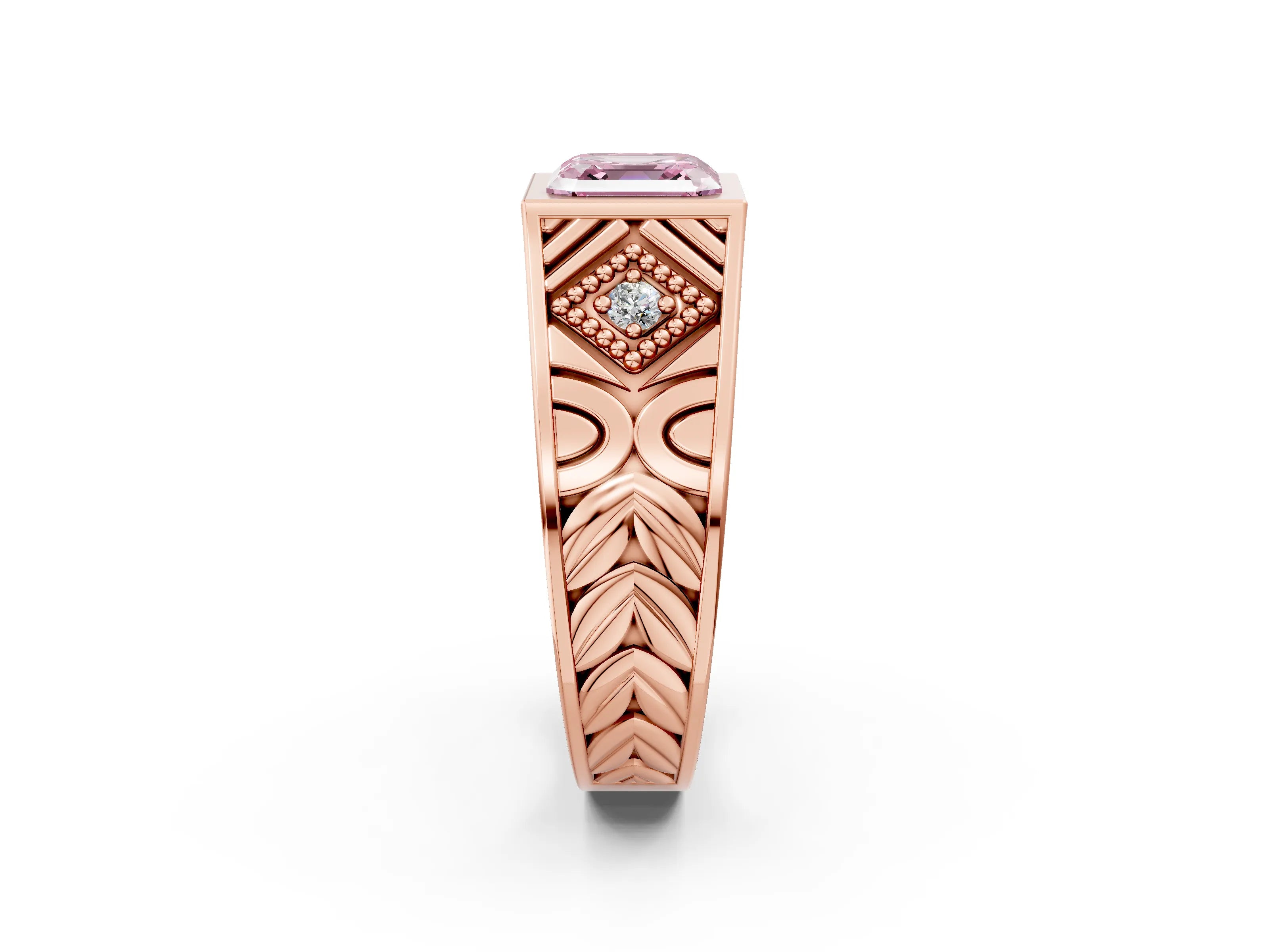 Rose gold Hexagonal Bezel Fancy Pink Asscher Cut Diamond Engraved Band Prong Ring_2