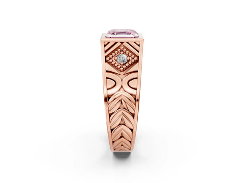 Rose gold Hexagonal Bezel Fancy Pink Asscher Cut Diamond Engraved Band Prong Ring_2