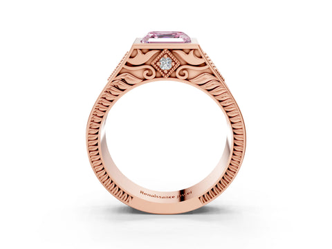 Rose gold Hexagonal Bezel Fancy Pink Asscher Cut Diamond Engraved Band Prong Ring_3