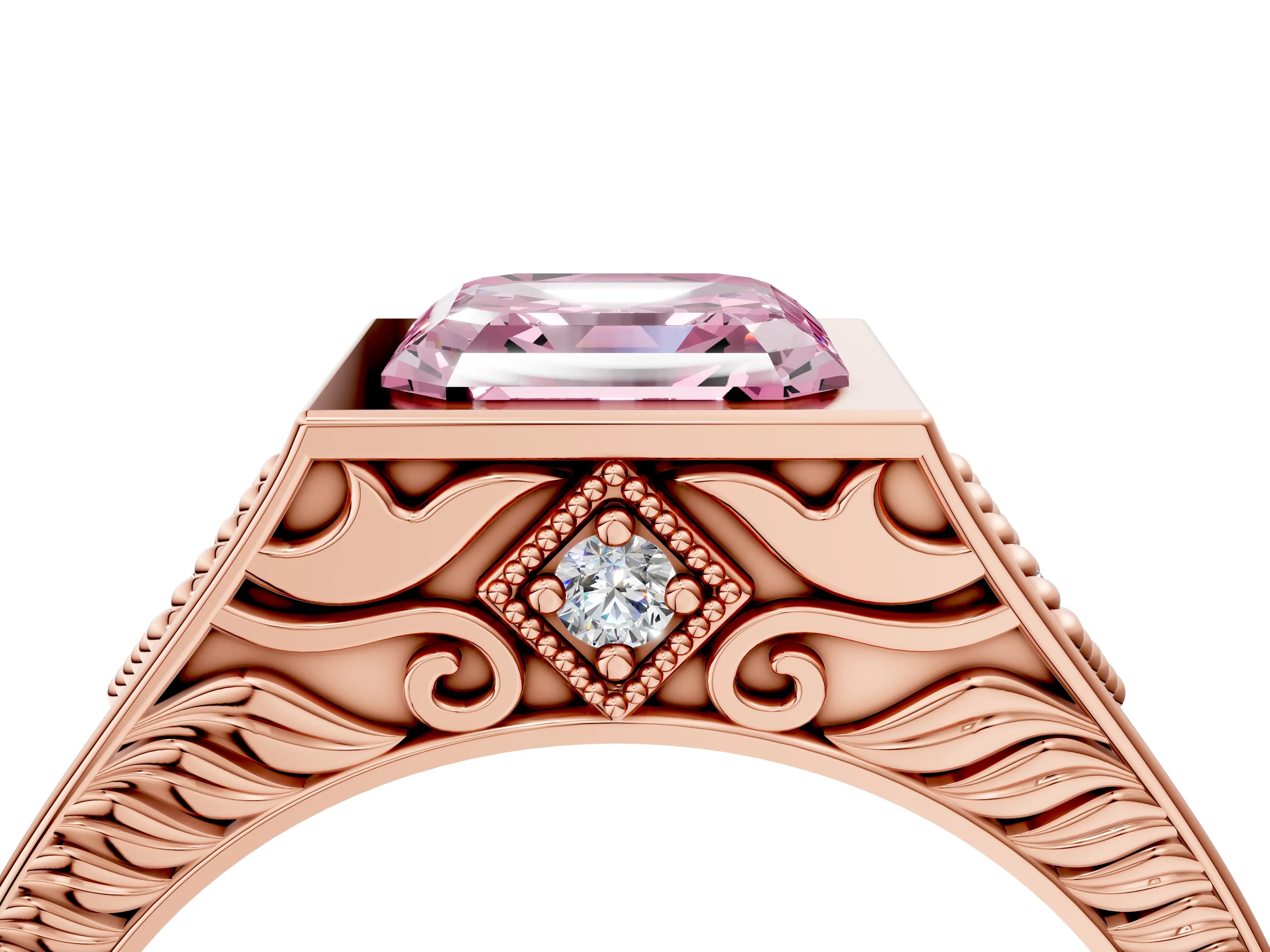 Rose gold Hexagonal Bezel Fancy Pink Asscher Cut Diamond Engraved Band Prong Ring_4