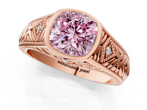 Rose gold Hexagonal Bezel Fancy Pink Cushion Cut Diamond Engraved Band Prong Ring_1