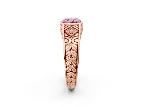 Rose gold Hexagonal Bezel Fancy Pink Cushion Cut Diamond Engraved Band Prong Ring_2