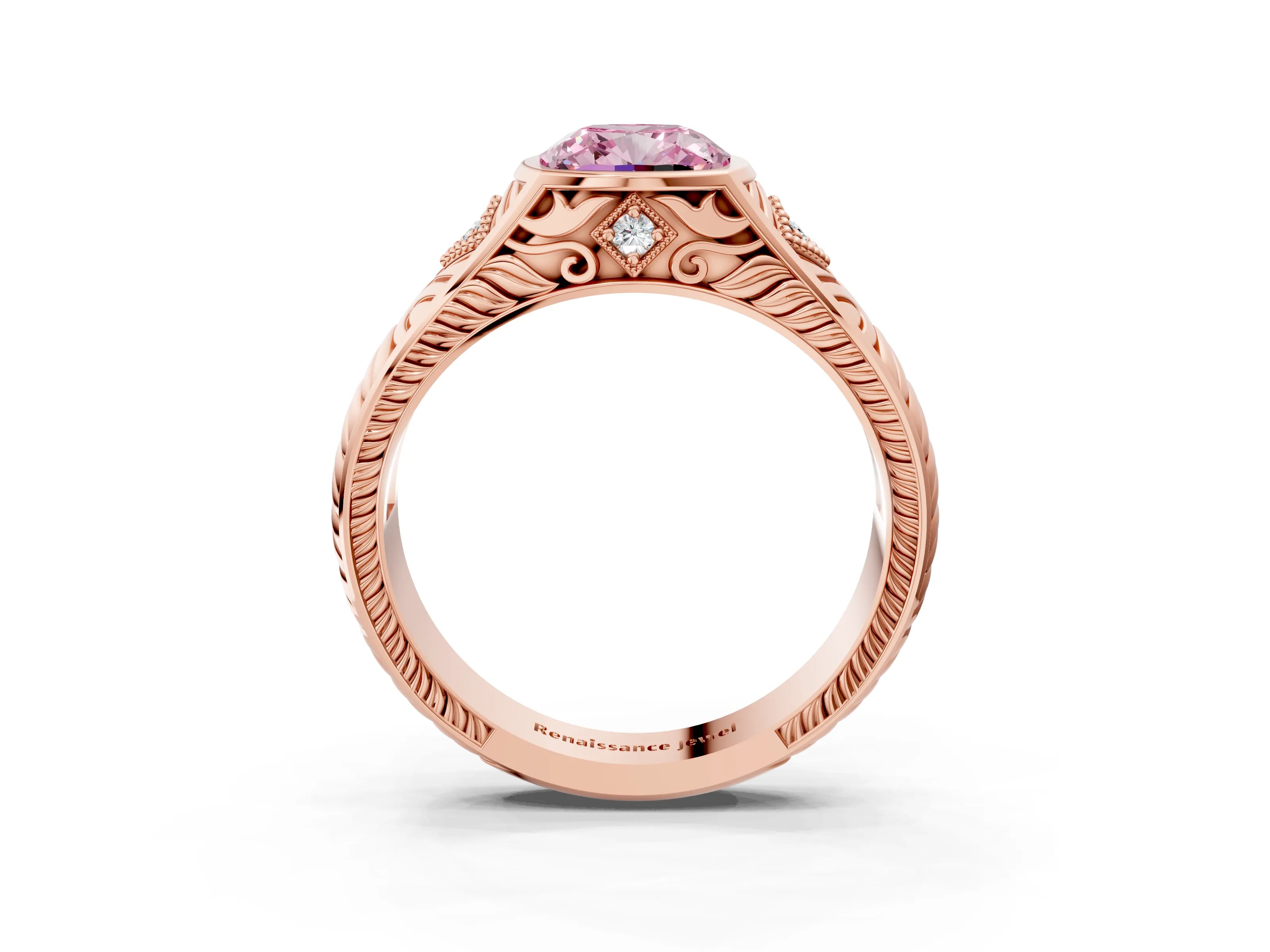 Rose gold Hexagonal Bezel Fancy Pink Cushion Cut Diamond Engraved Band Prong Ring_3