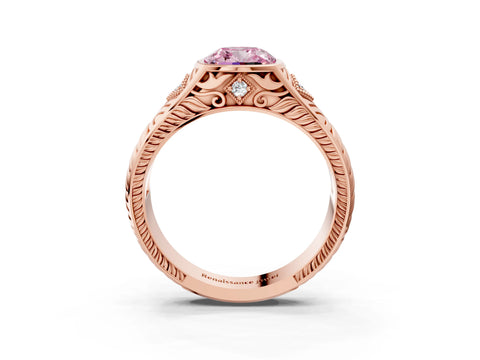 Rose gold Hexagonal Bezel Fancy Pink Cushion Cut Diamond Engraved Band Prong Ring_3