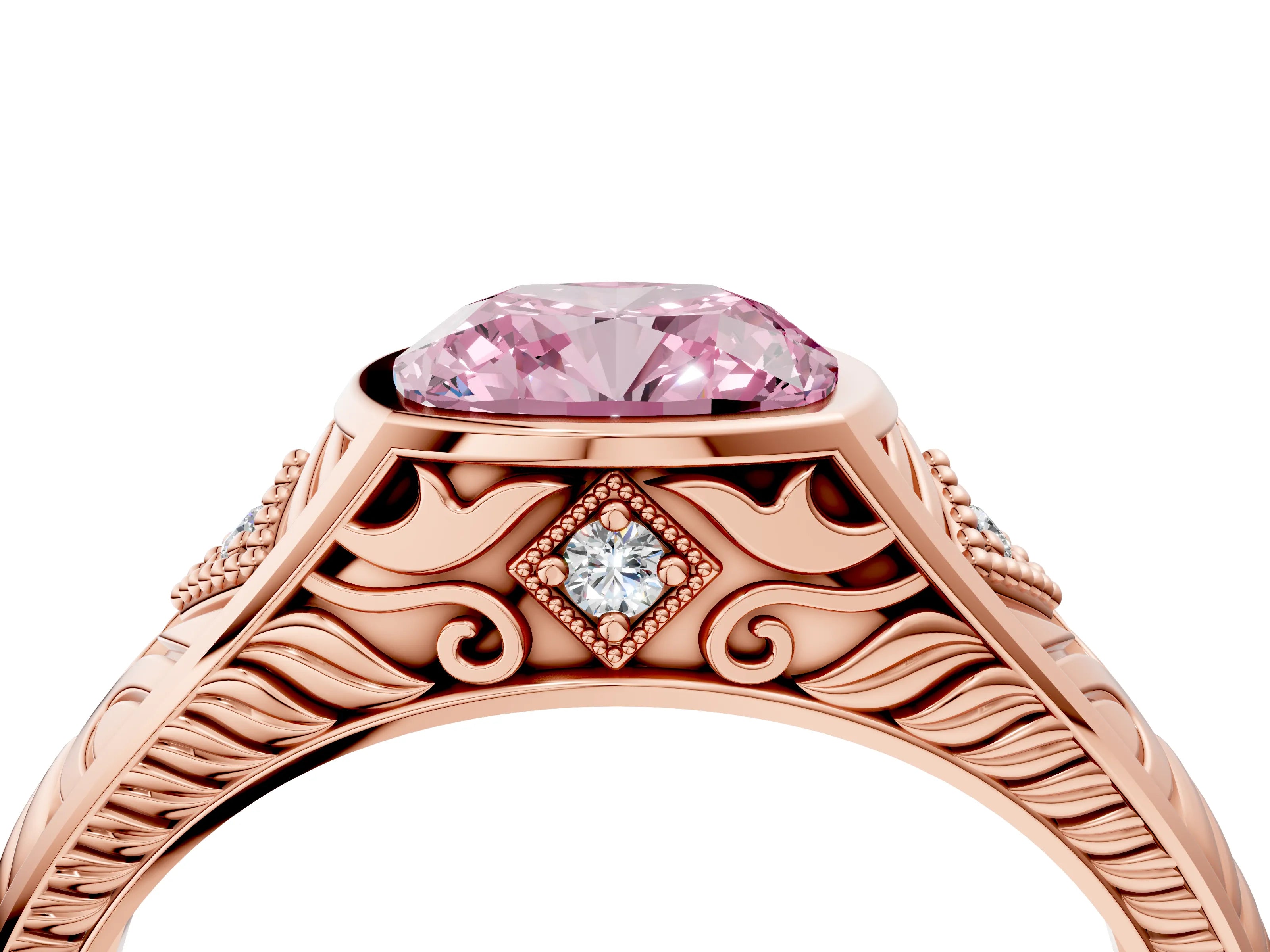 Rose gold Hexagonal Bezel Fancy Pink Cushion Cut Diamond Engraved Band Prong Ring_4