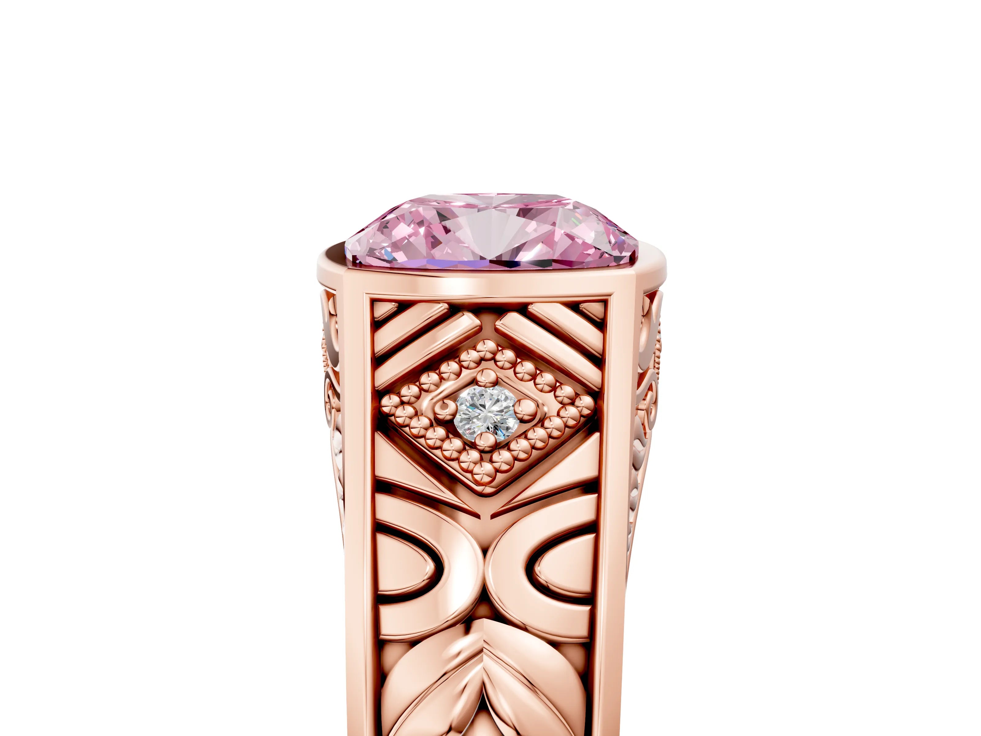 Rose gold Hexagonal Bezel Fancy Pink Cushion Cut Diamond Engraved Band Prong Ring_5