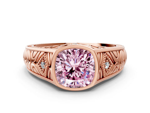 Rose gold Hexagonal Bezel Fancy Pink Cushion Cut Diamond Engraved Band Prong Ring