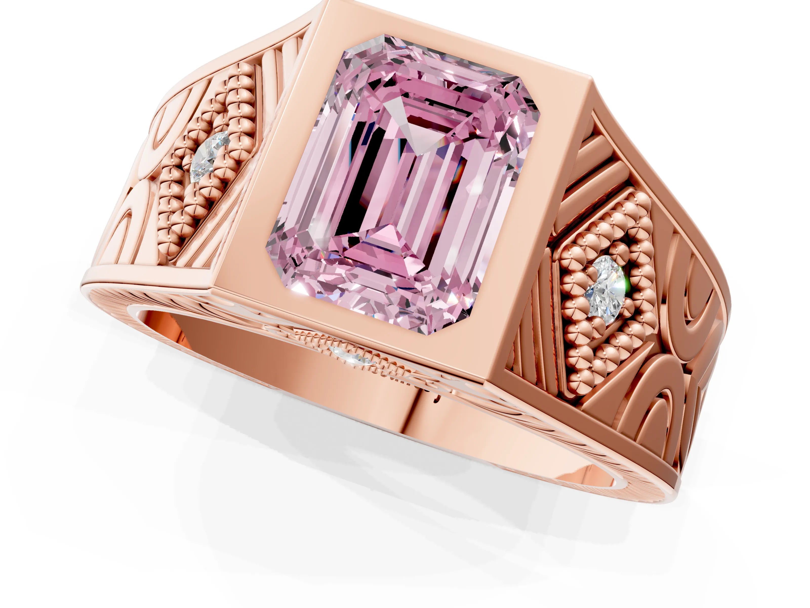 Rose gold Hexagonal Bezel Fancy Pink Emerald Cut Diamond Engraved Band Prong Ring_1