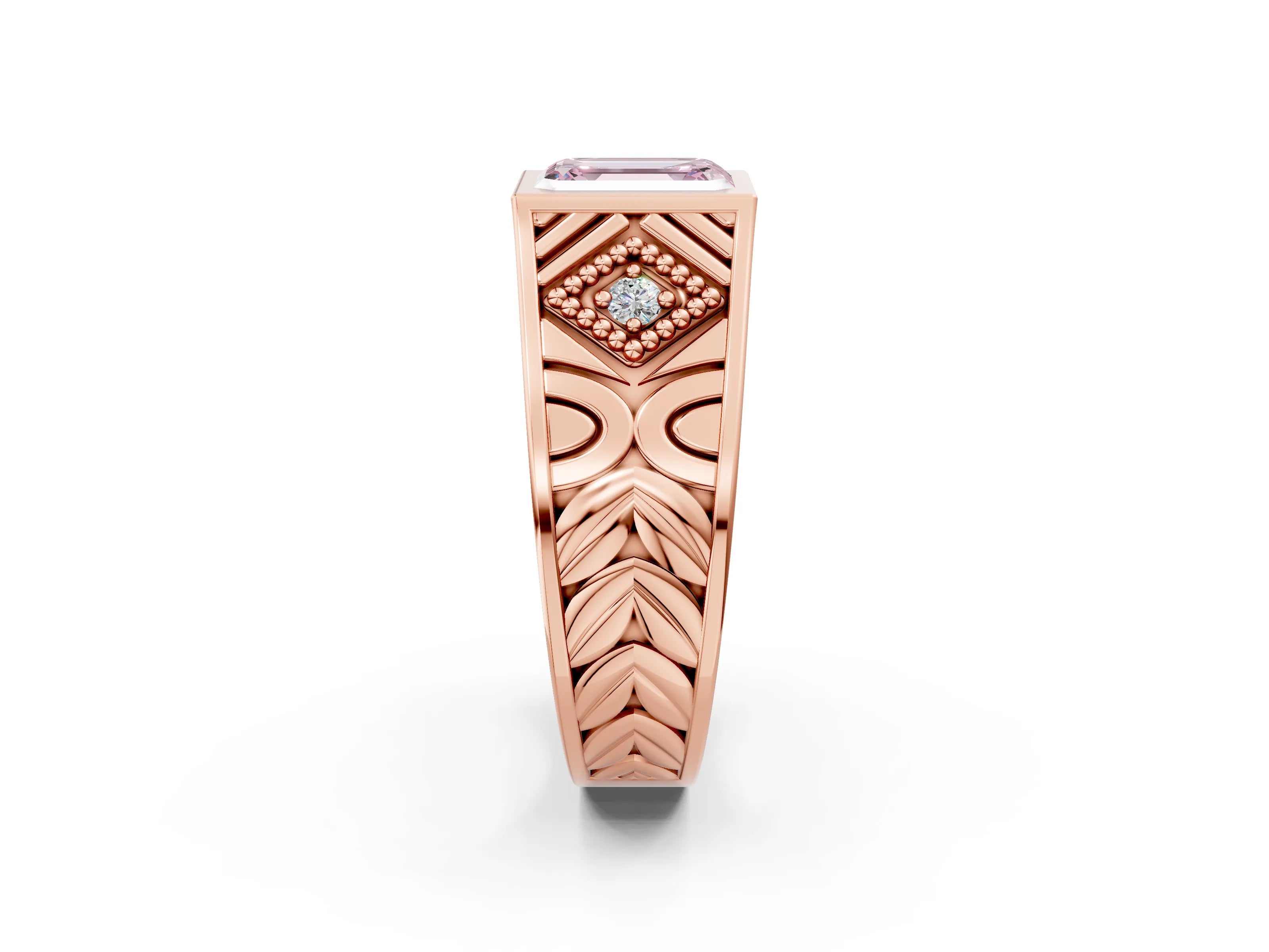 Rose gold Hexagonal Bezel Fancy Pink Emerald Cut Diamond Engraved Band Prong Ring_2