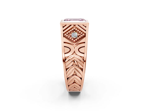 Rose gold Hexagonal Bezel Fancy Pink Emerald Cut Diamond Engraved Band Prong Ring_2