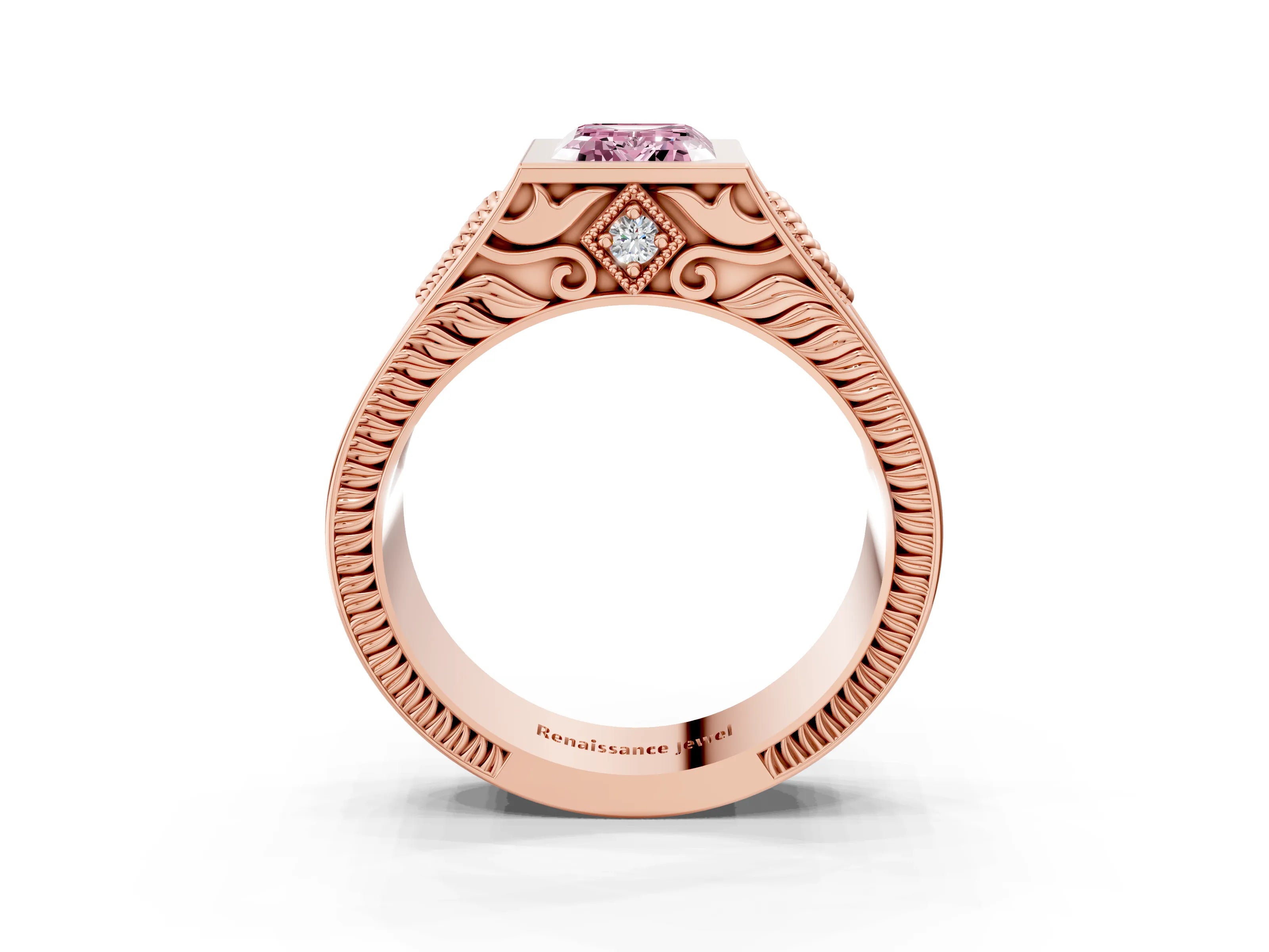 Rose gold Hexagonal Bezel Fancy Pink Emerald Cut Diamond Engraved Band Prong Ring_3