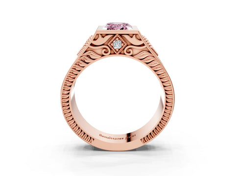Rose gold Hexagonal Bezel Fancy Pink Emerald Cut Diamond Engraved Band Prong Ring_3