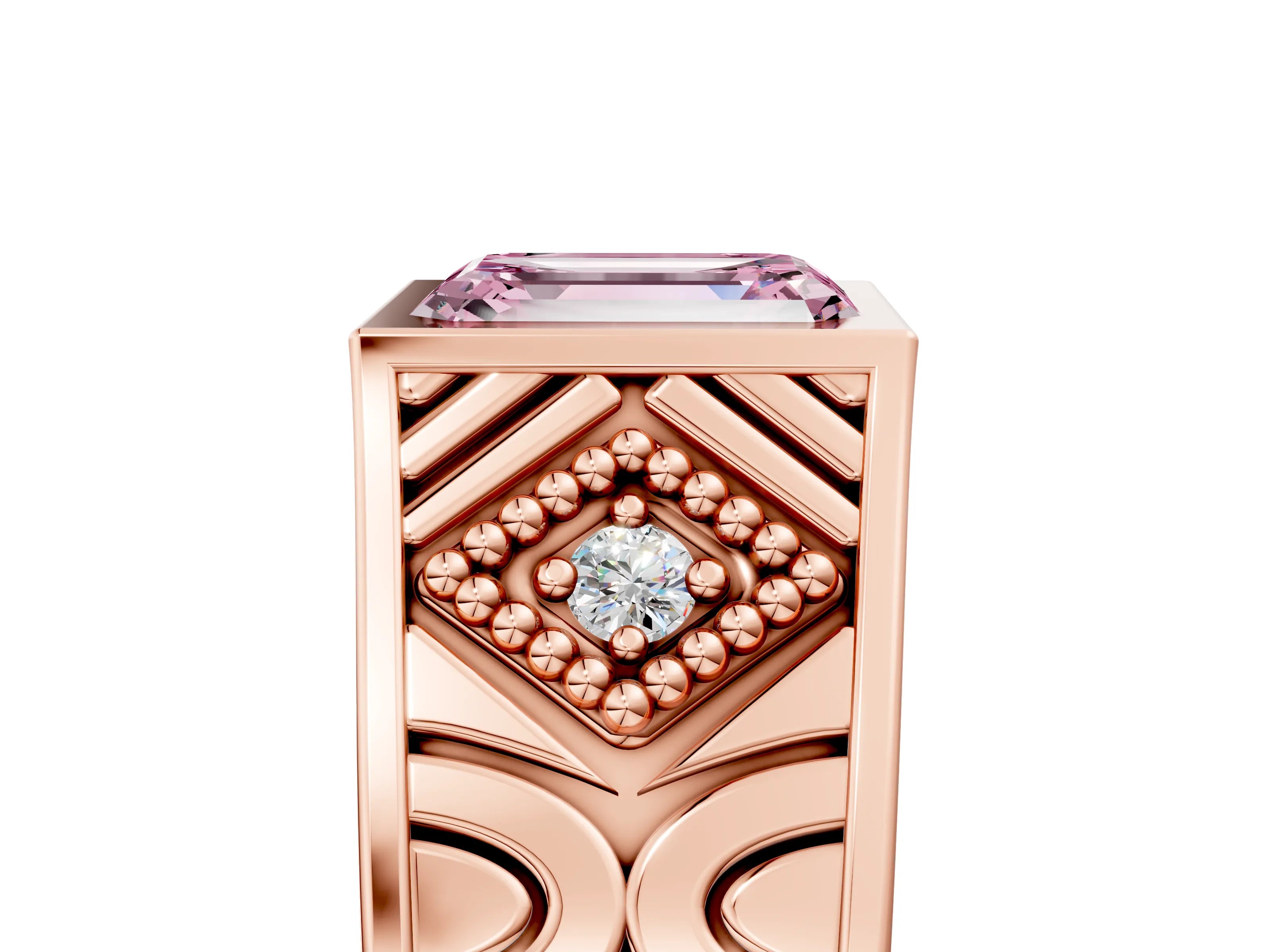 Rose gold Hexagonal Bezel Fancy Pink Emerald Cut Diamond Engraved Band Prong Ring_5