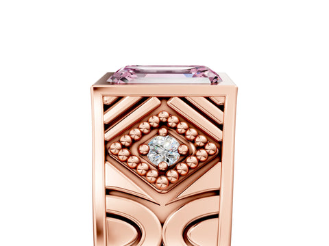 Rose gold Hexagonal Bezel Fancy Pink Emerald Cut Diamond Engraved Band Prong Ring_5