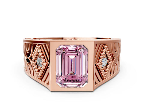 Rose gold Hexagonal Bezel Fancy Pink Emerald Cut Diamond Engraved Band Prong Ring