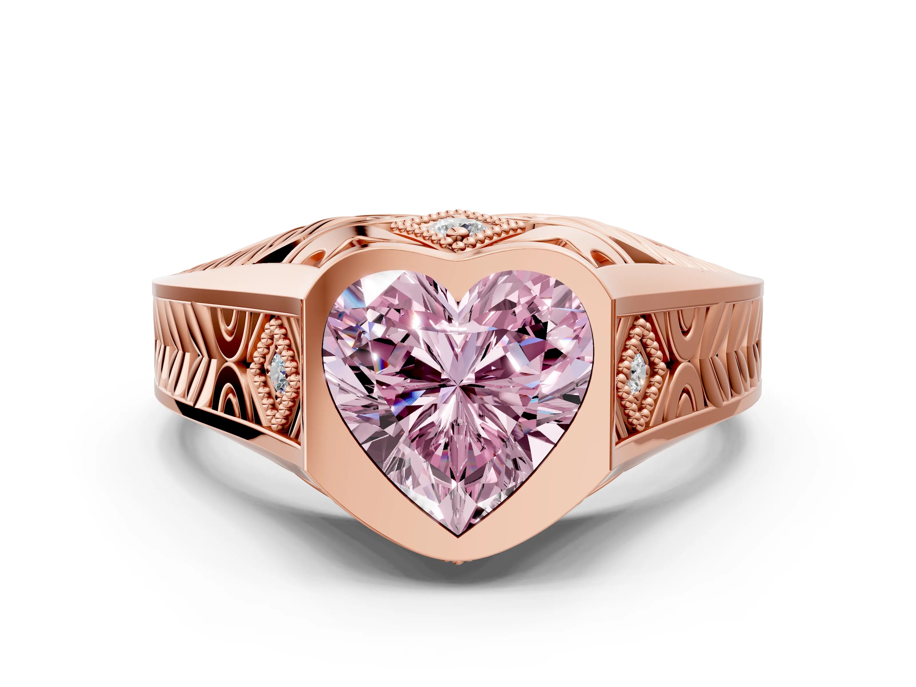 Rose gold Hexagonal Bezel Fancy Pink Heart Cut Diamond Engraved Band Prong Ring
