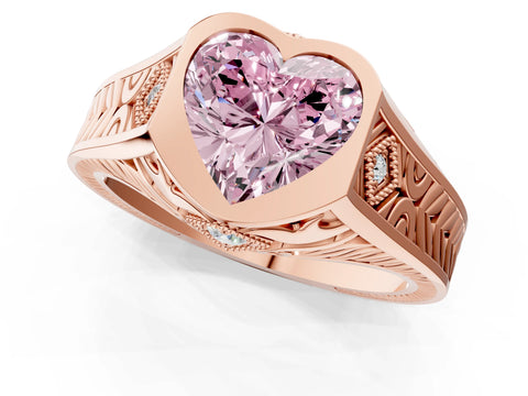 Rose gold Hexagonal Bezel Fancy Pink Heart Cut Diamond Engraved Band Prong Ring_1