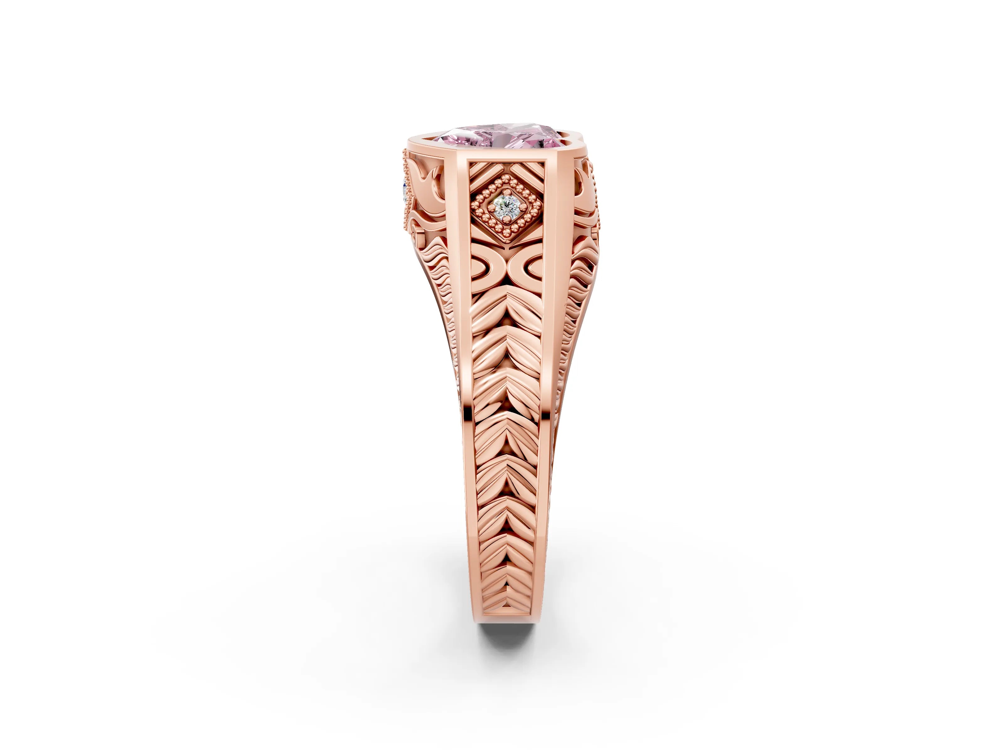 Rose gold Hexagonal Bezel Fancy Pink Heart Cut Diamond Engraved Band Prong Ring_2