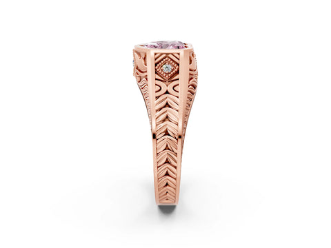 Rose gold Hexagonal Bezel Fancy Pink Heart Cut Diamond Engraved Band Prong Ring_2