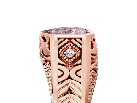 Rose gold Hexagonal Bezel Fancy Pink Heart Cut Diamond Engraved Band Prong Ring_5