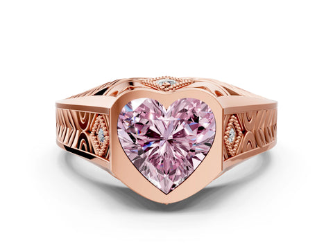 Rose gold Hexagonal Bezel Fancy Pink Heart Cut Diamond Engraved Band Prong Ring