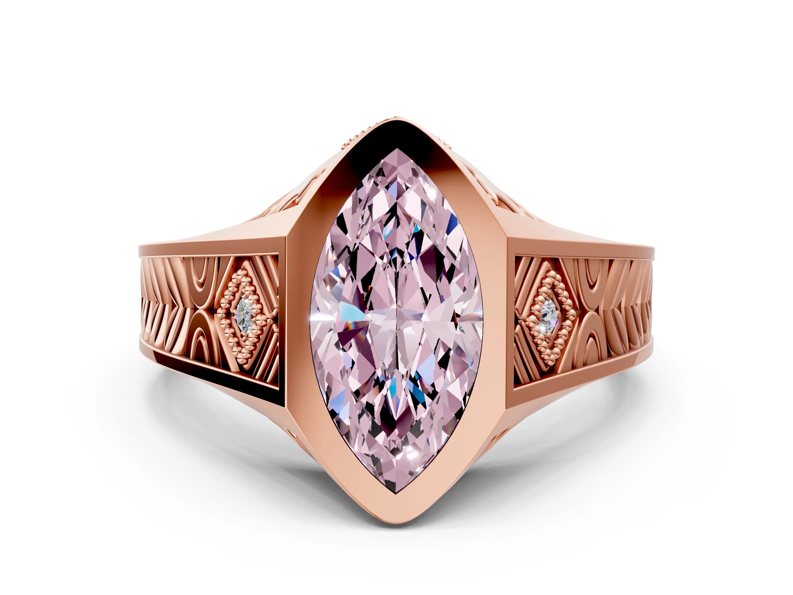 Rose gold Hexagonal Bezel Fancy Pink Marquise Cut Diamond Engraved Band Prong Ring