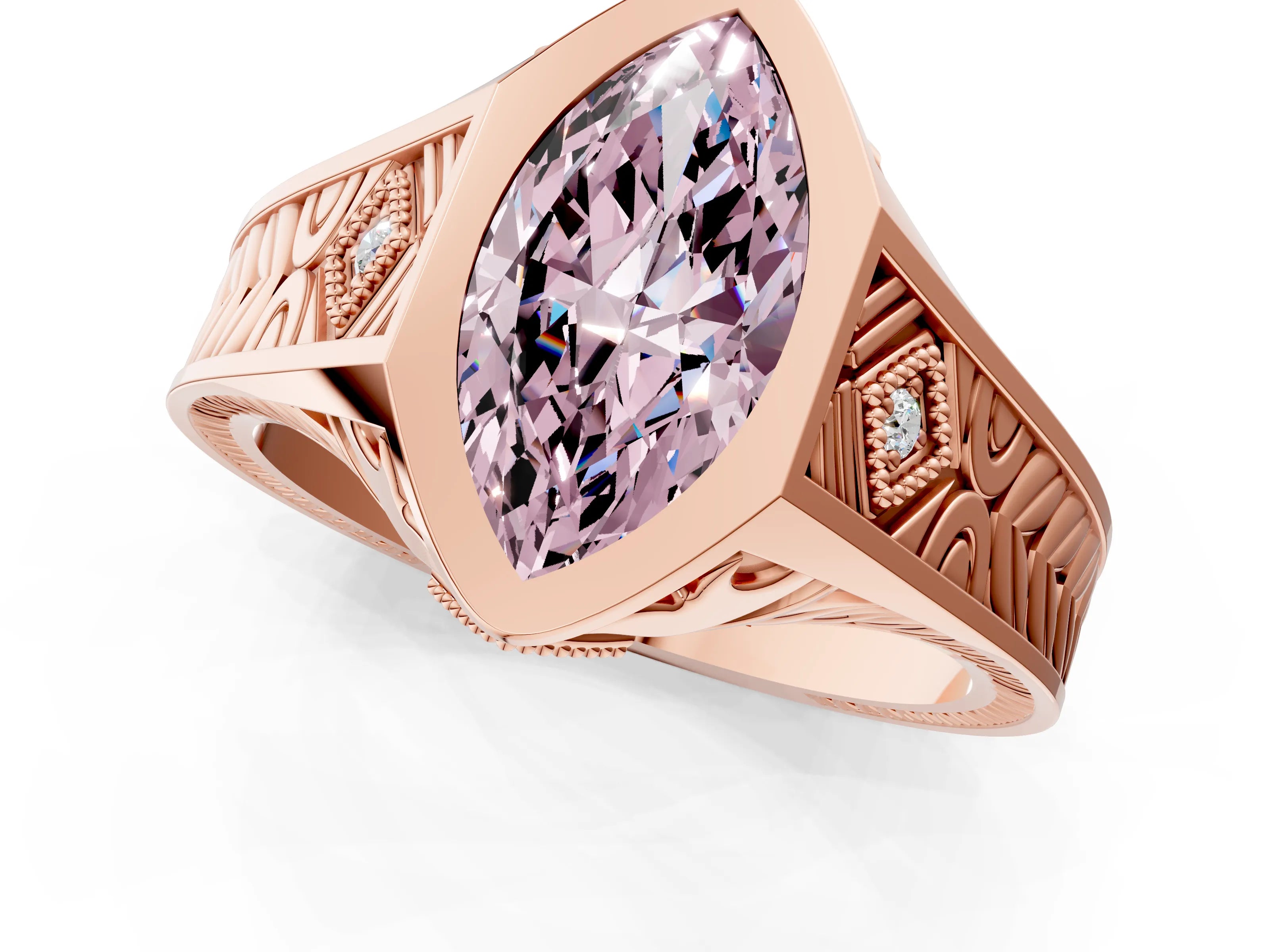 Rose gold Hexagonal Bezel Fancy Pink Marquise Cut Diamond Engraved Band Prong Ring_1