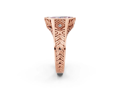 Rose gold Hexagonal Bezel Fancy Pink Marquise Cut Diamond Engraved Band Prong Ring_2