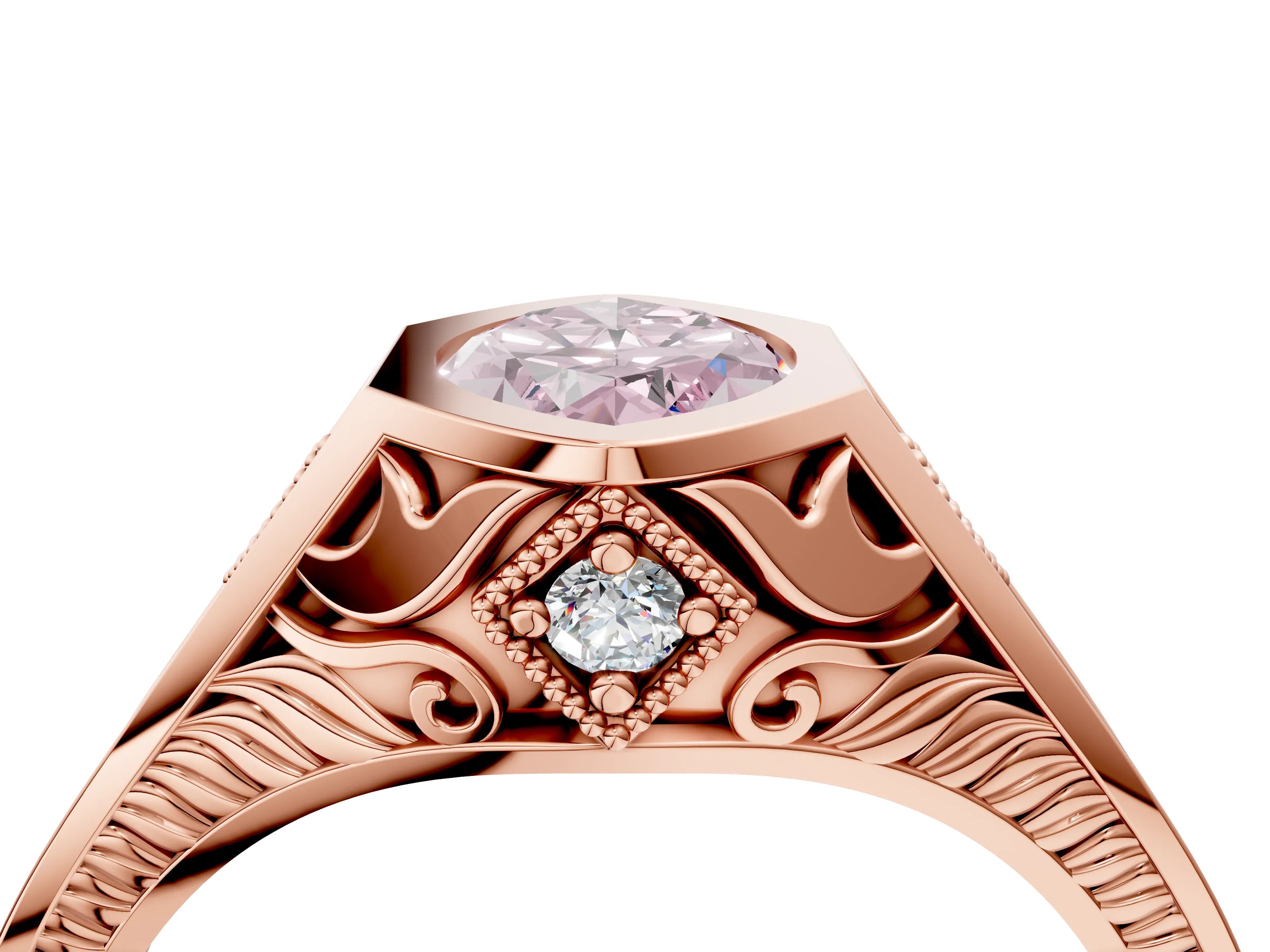 Rose gold Hexagonal Bezel Fancy Pink Marquise Cut Diamond Engraved Band Prong Ring_4