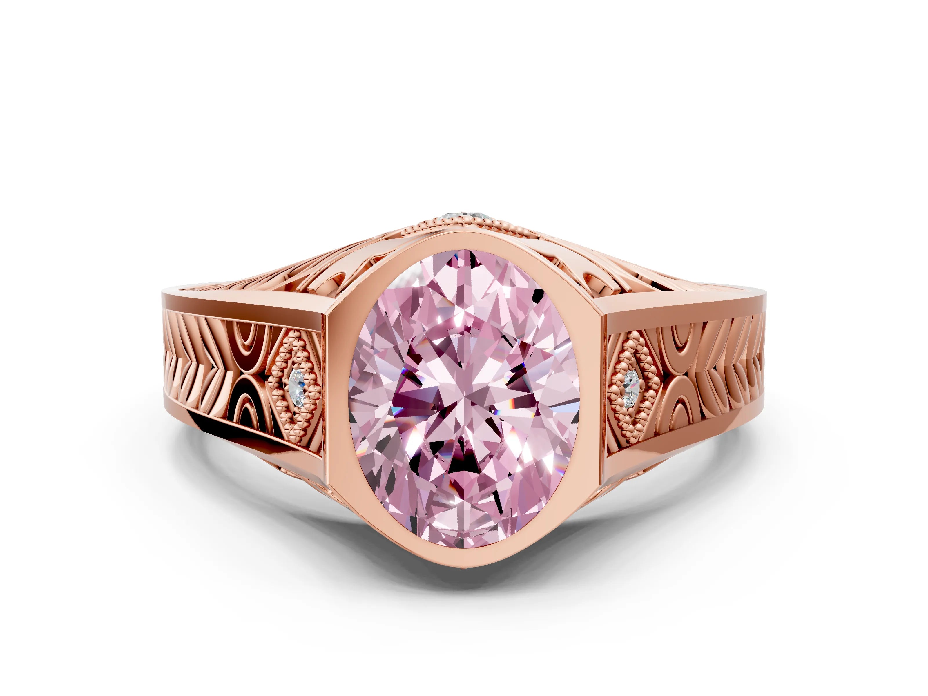 Rose gold Hexagonal Bezel Fancy Pink Oval Cut Diamond Engraved Band Prong Ring