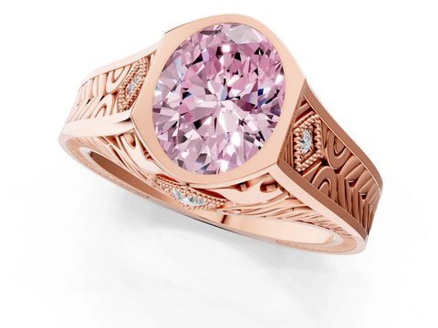 Rose gold Hexagonal Bezel Fancy Pink Oval Cut Diamond Engraved Band Prong Ring_1