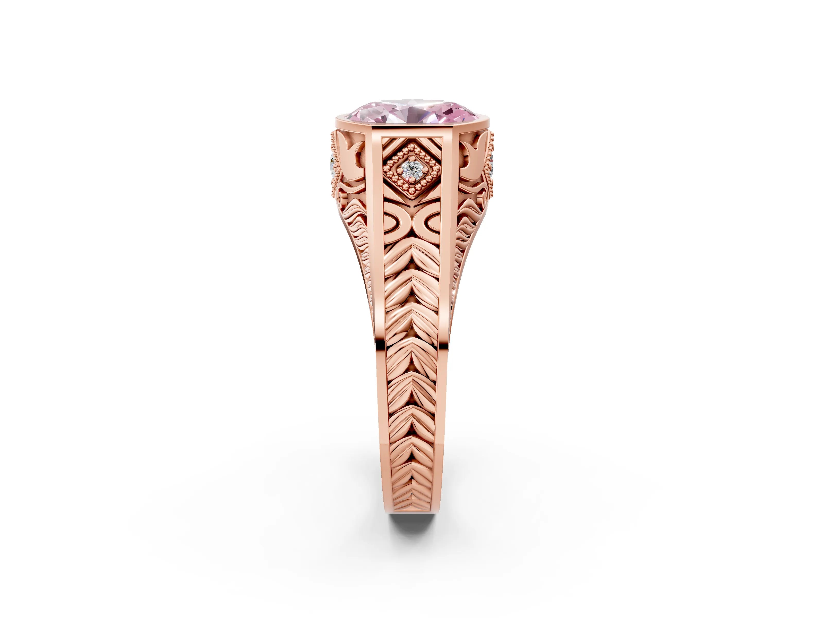 Rose gold Hexagonal Bezel Fancy Pink Oval Cut Diamond Engraved Band Prong Ring_2