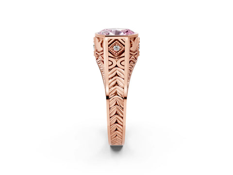 Rose gold Hexagonal Bezel Fancy Pink Oval Cut Diamond Engraved Band Prong Ring_2