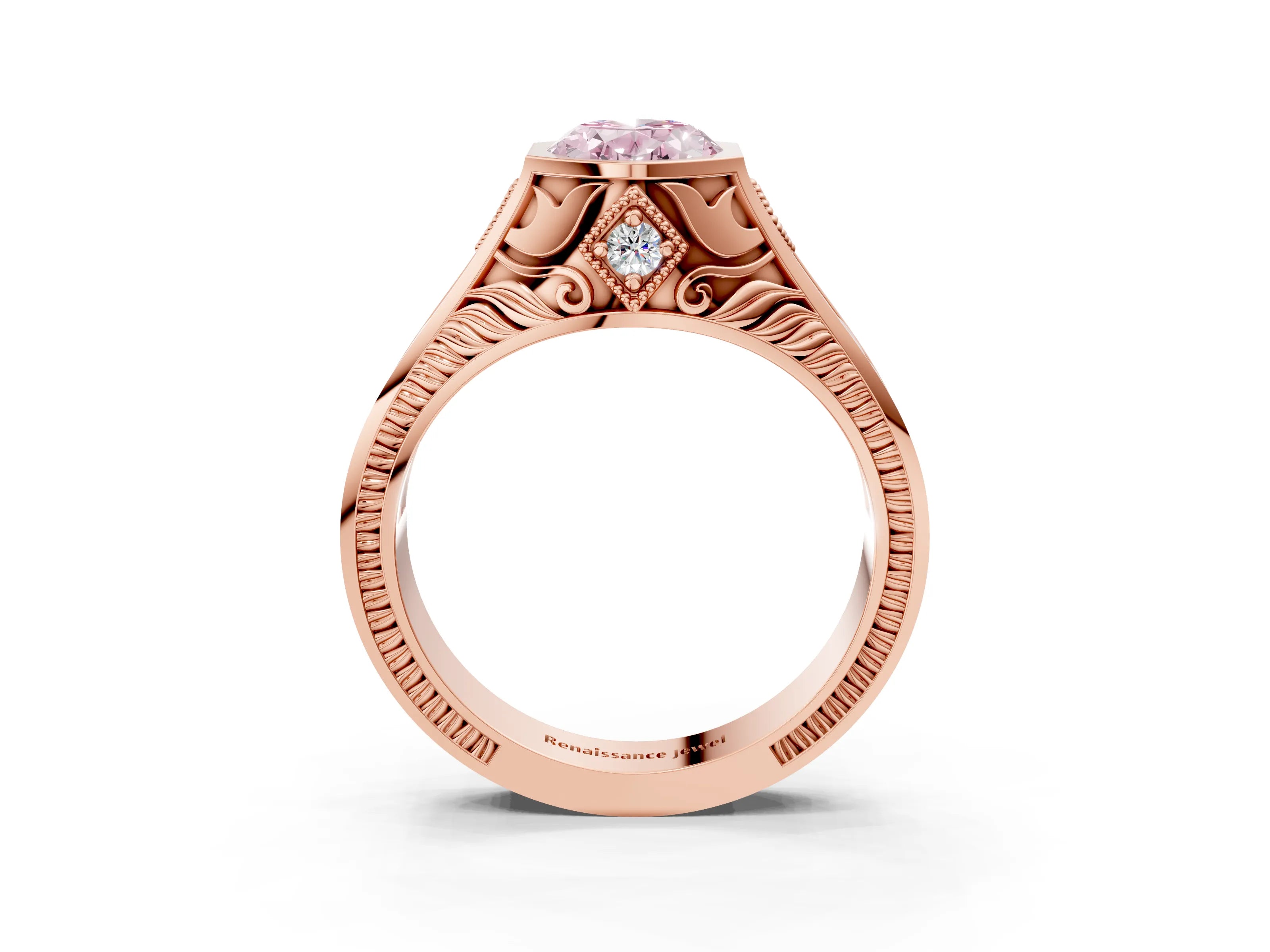 Rose gold Hexagonal Bezel Fancy Pink Oval Cut Diamond Engraved Band Prong Ring_3