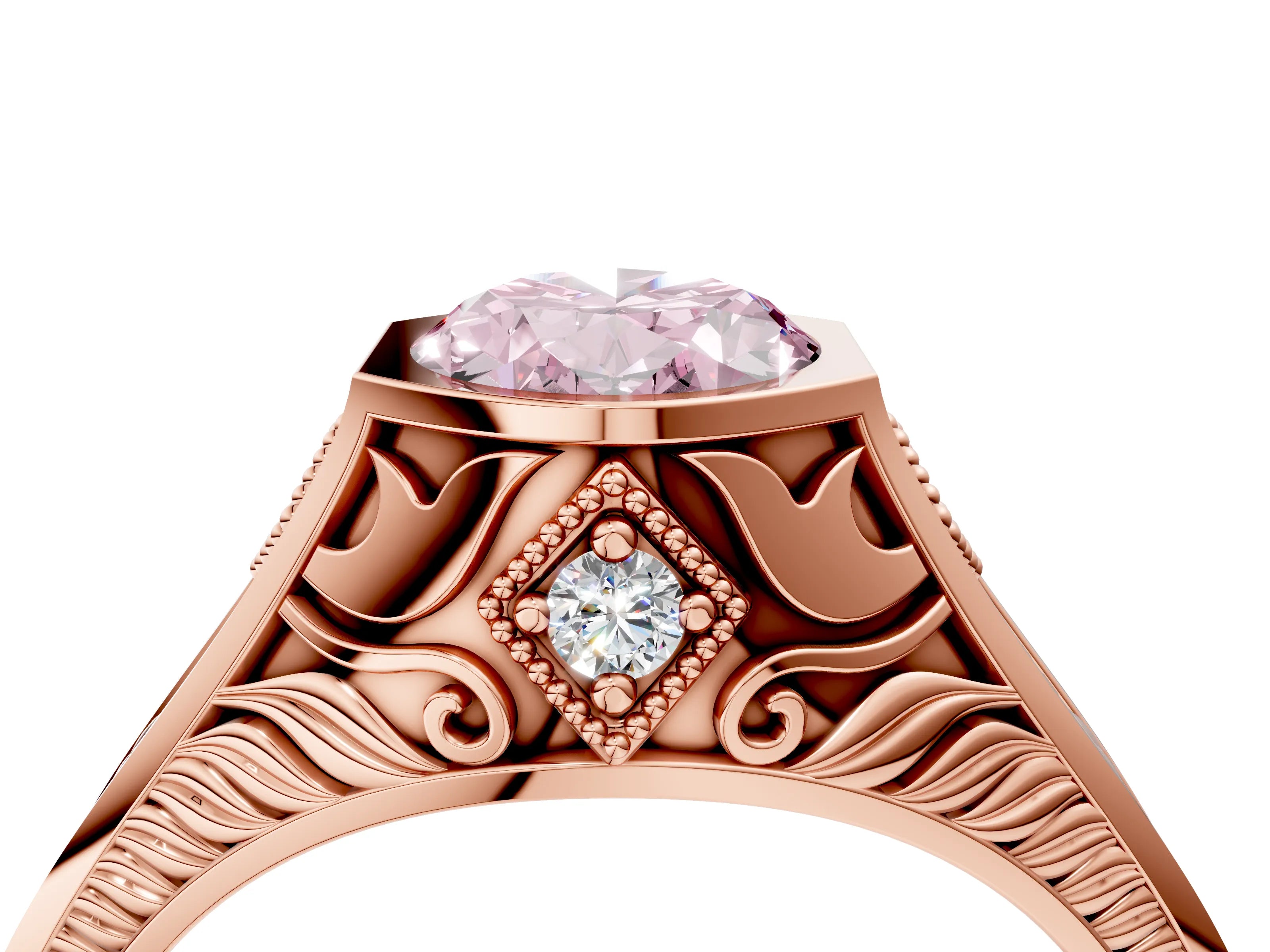 Rose gold Hexagonal Bezel Fancy Pink Oval Cut Diamond Engraved Band Prong Ring_4