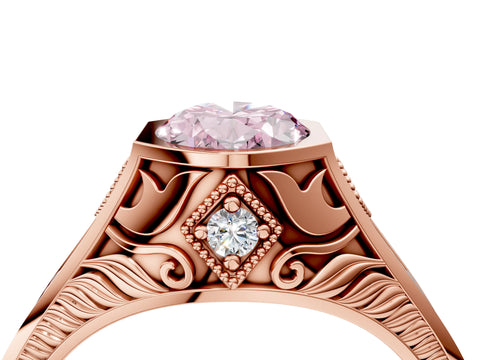 Rose gold Hexagonal Bezel Fancy Pink Oval Cut Diamond Engraved Band Prong Ring_4