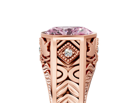 Rose gold Hexagonal Bezel Fancy Pink Oval Cut Diamond Engraved Band Prong Ring_5