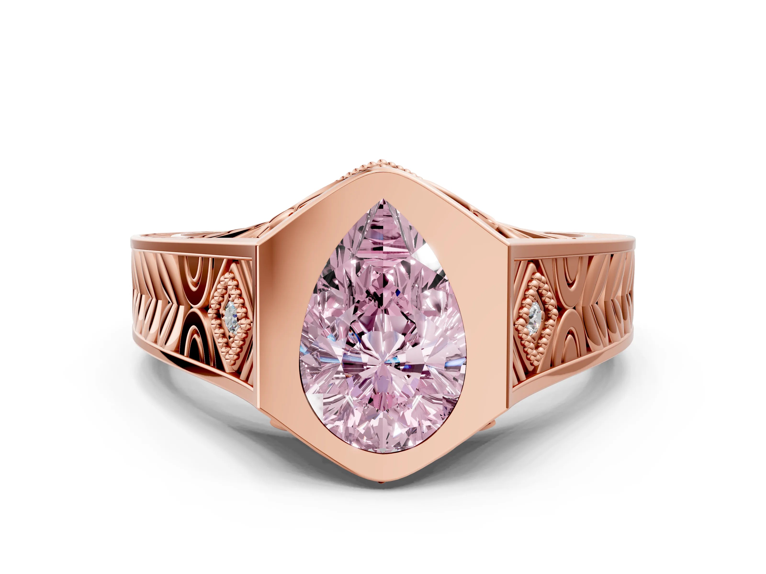 Rose gold Hexagonal Bezel Fancy Pink Pear Cut Diamond Engraved Band Prong Ring_12