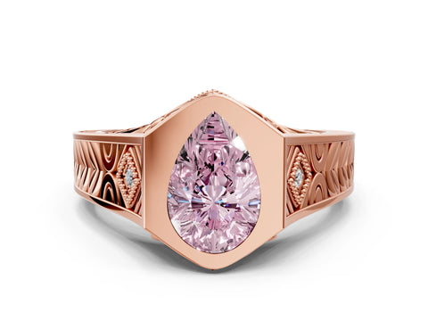 Rose gold Hexagonal Bezel Fancy Pink Pear Cut Diamond Engraved Band Prong Ring_12