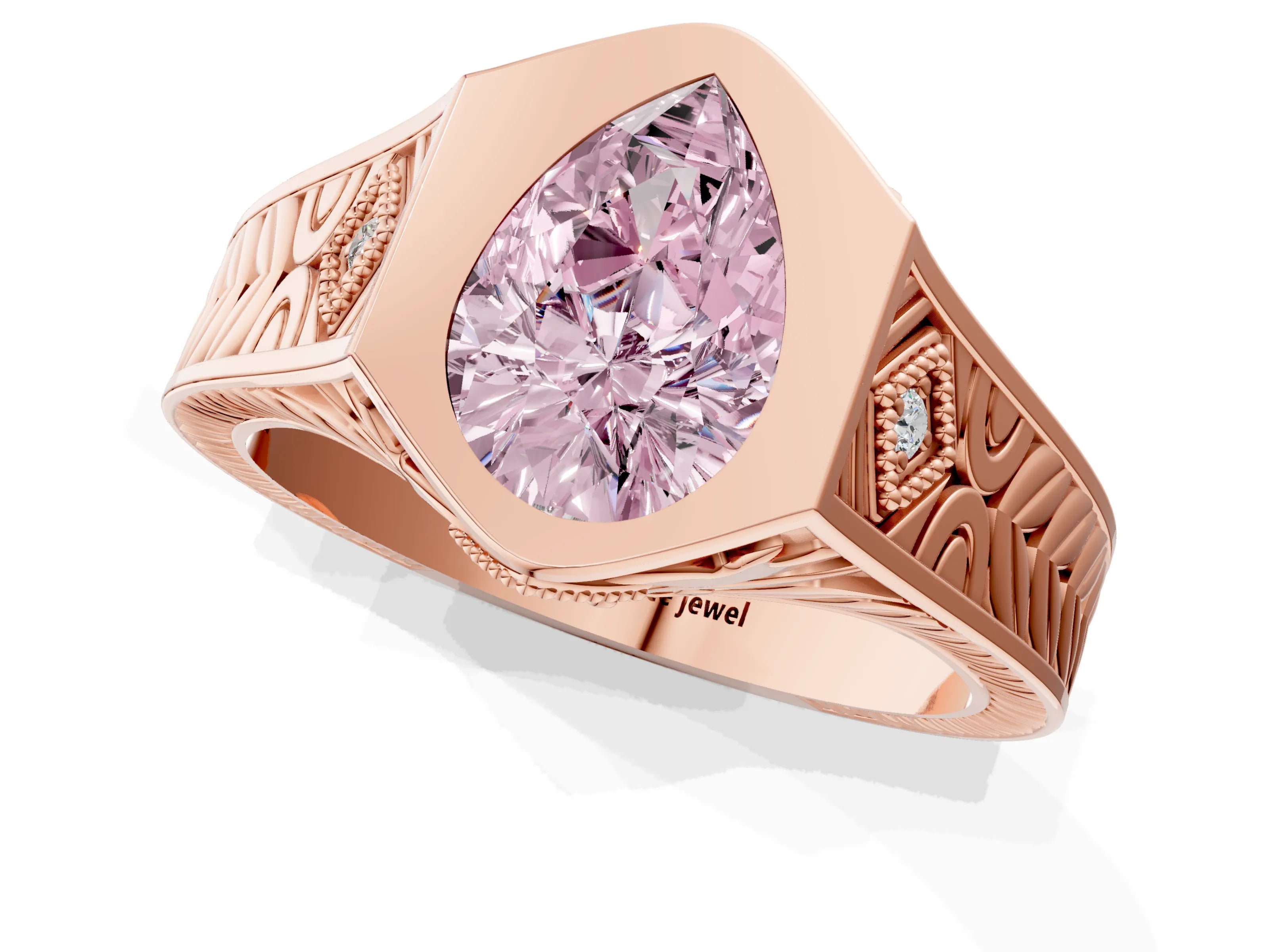 Rose gold Hexagonal Bezel Fancy Pink Pear Cut Diamond Engraved Band Prong Ring_13