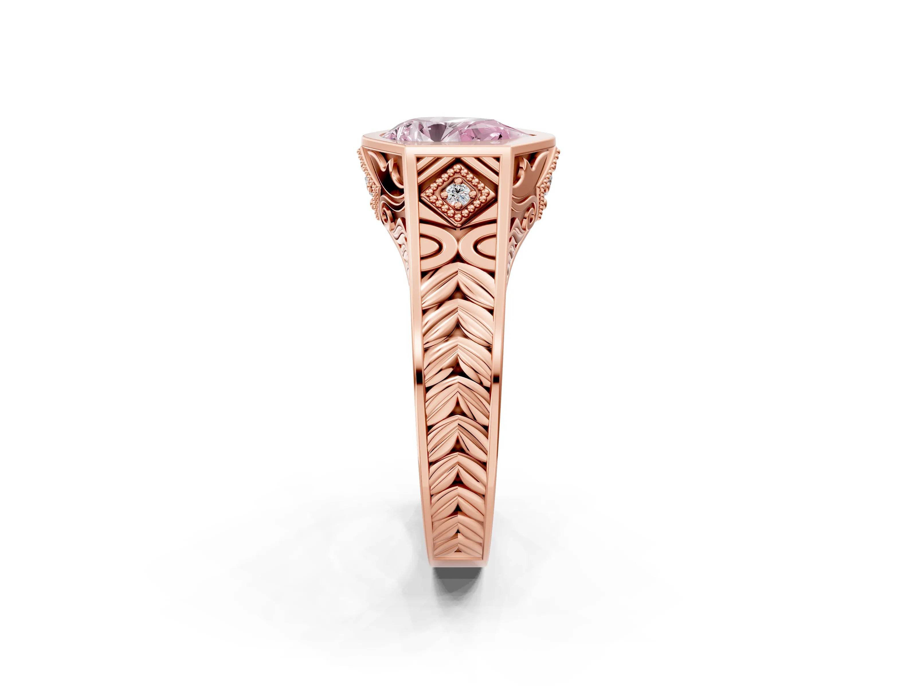 Rose gold Hexagonal Bezel Fancy Pink Pear Cut Diamond Engraved Band Prong Ring_14