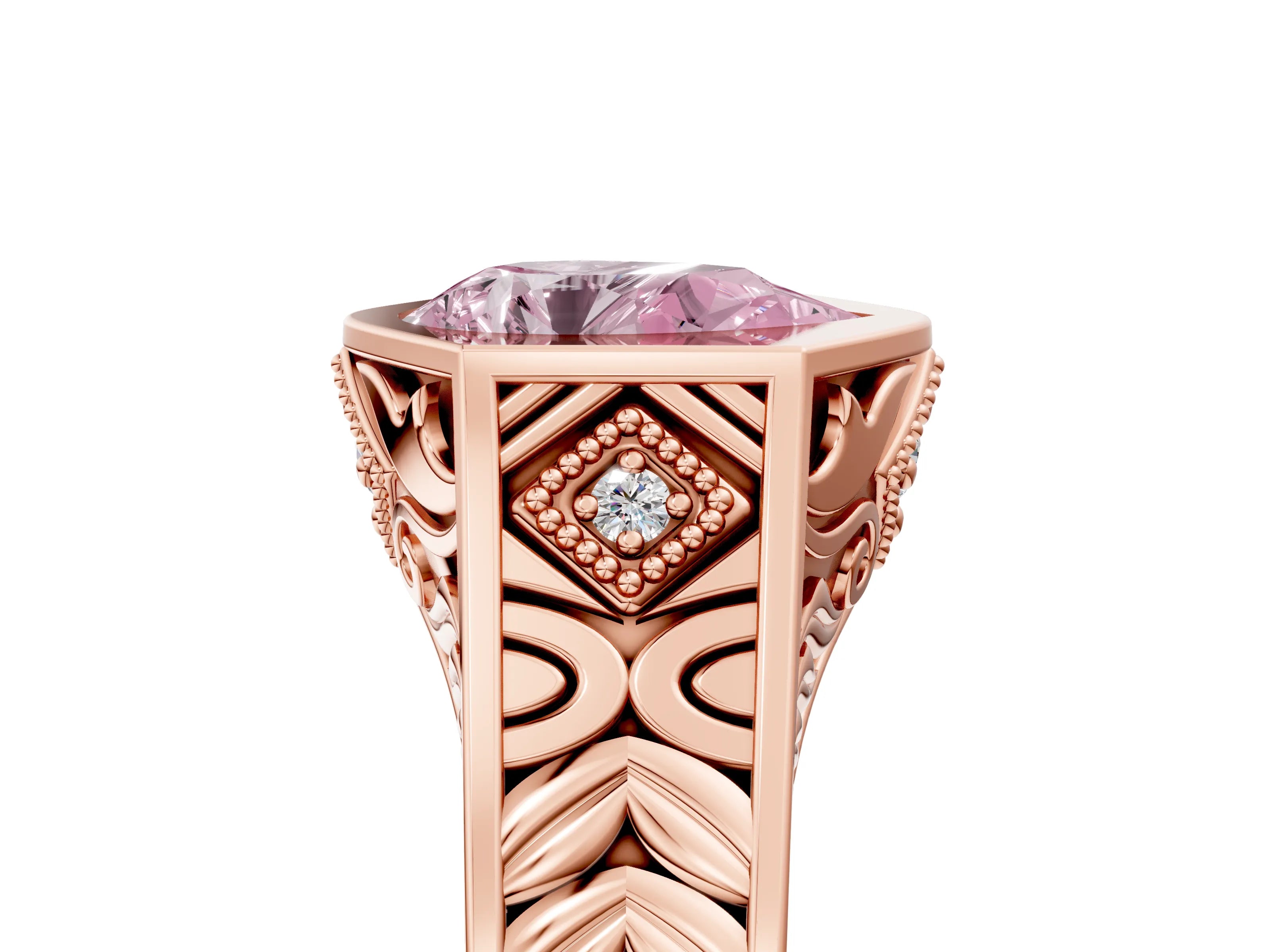 Rose gold Hexagonal Bezel Fancy Pink Pear Cut Diamond Engraved Band Prong Ring_17