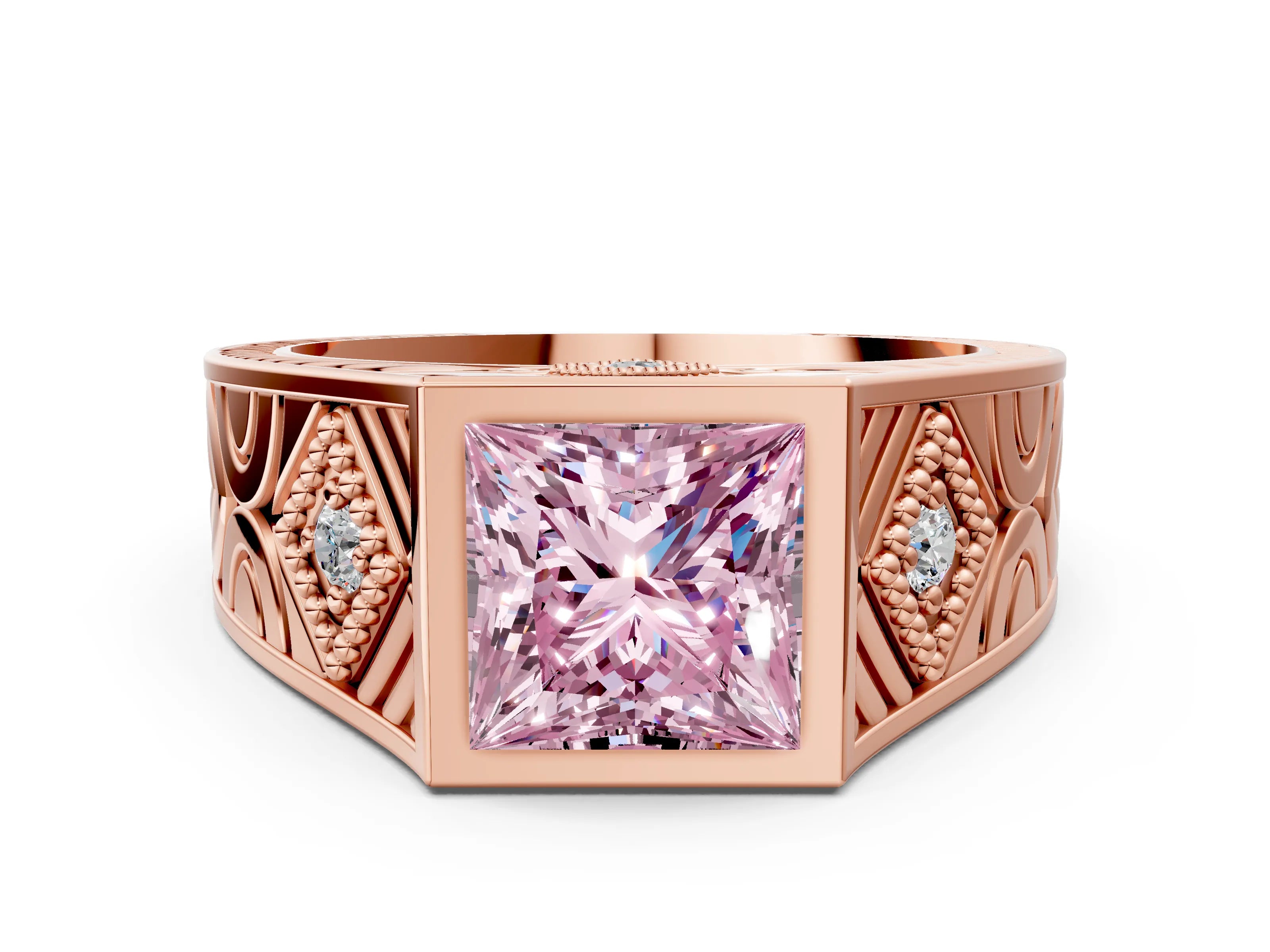 Rose gold Hexagonal Bezel Fancy Pink Princess Cut Diamond Engraved Band Prong Ring