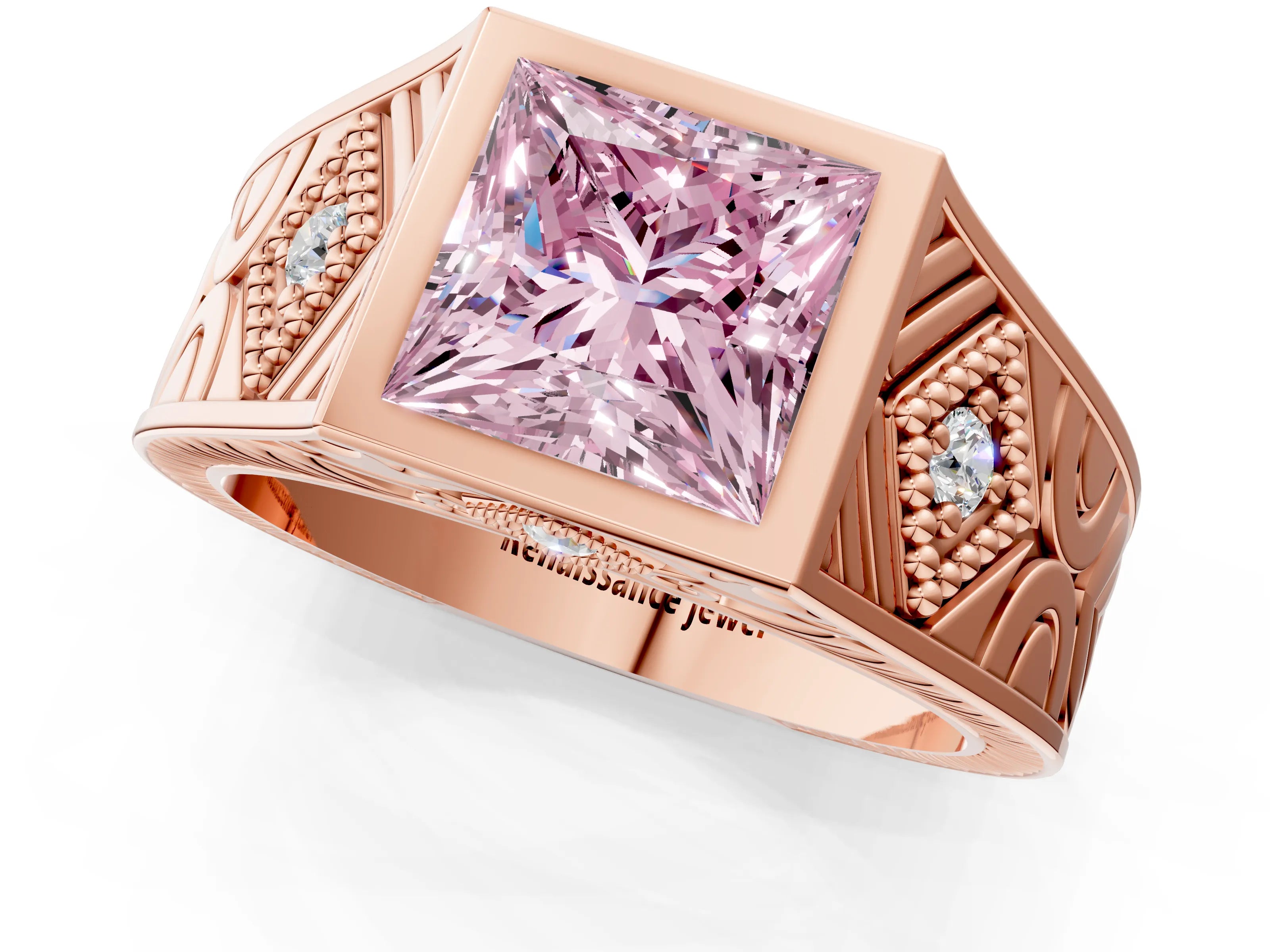 Rose gold Hexagonal Bezel Fancy Pink Princess Cut Diamond Engraved Band Prong Ring_1