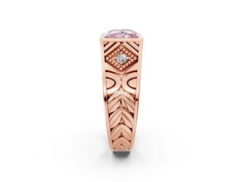 Rose gold Hexagonal Bezel Fancy Pink Princess Cut Diamond Engraved Band Prong Ring_2