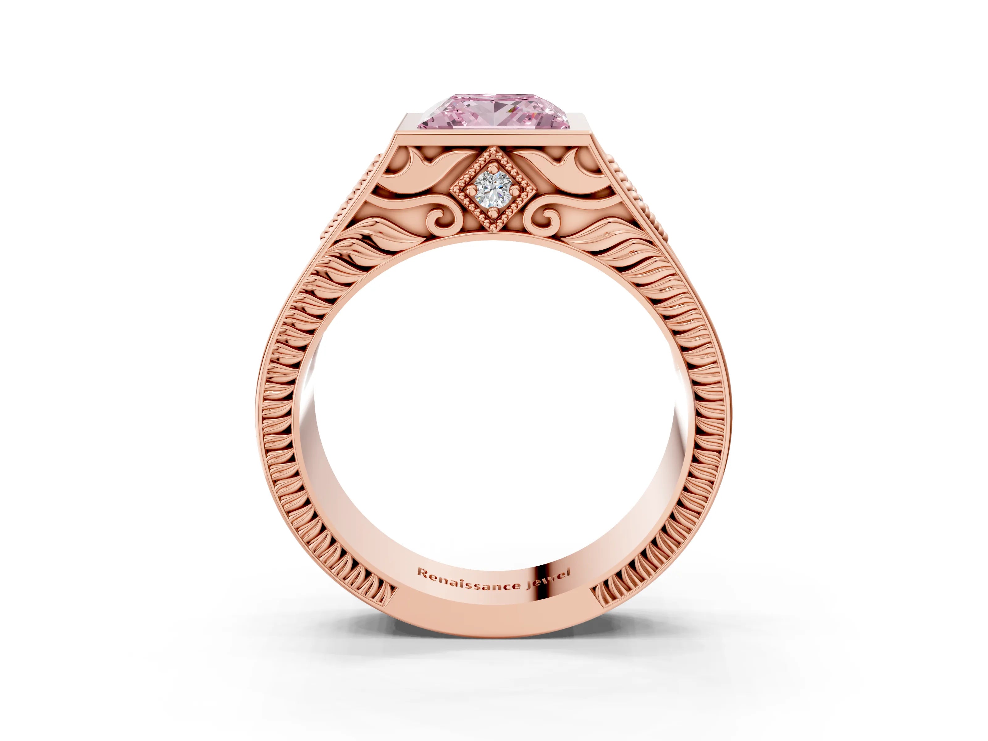 Rose gold Hexagonal Bezel Fancy Pink Princess Cut Diamond Engraved Band Prong Ring_3