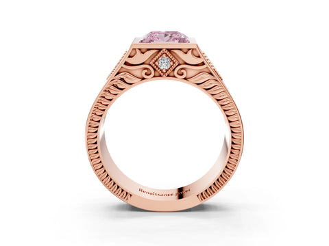 Rose gold Hexagonal Bezel Fancy Pink Princess Cut Diamond Engraved Band Prong Ring_3