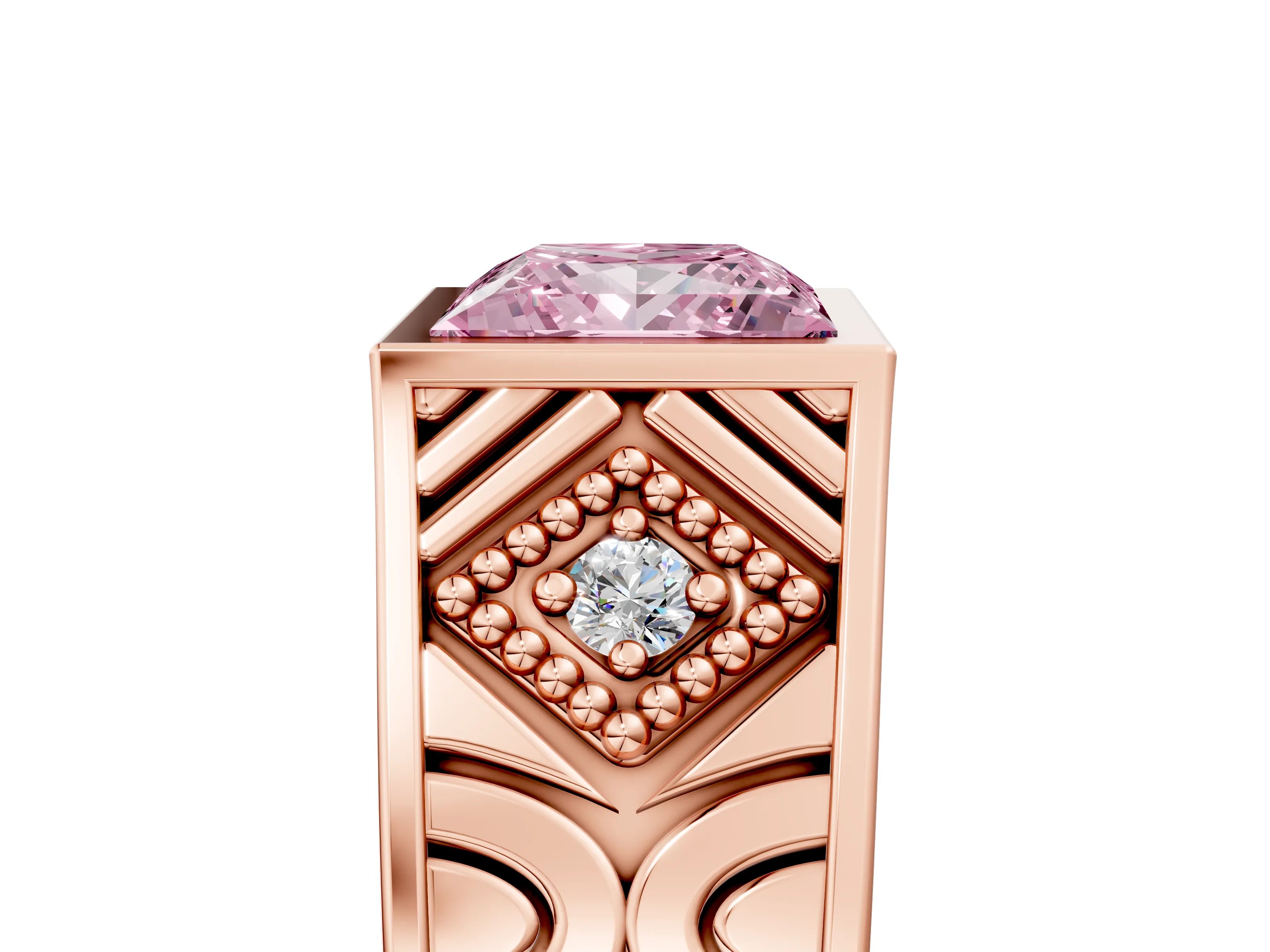 Rose gold Hexagonal Bezel Fancy Pink Princess Cut Diamond Engraved Band Prong Ring_5