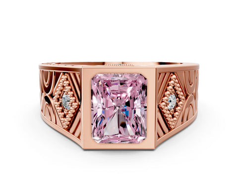 Rose gold Hexagonal Bezel Fancy Pink Radiant Cut Diamond Engraved Band Prong Ring_12